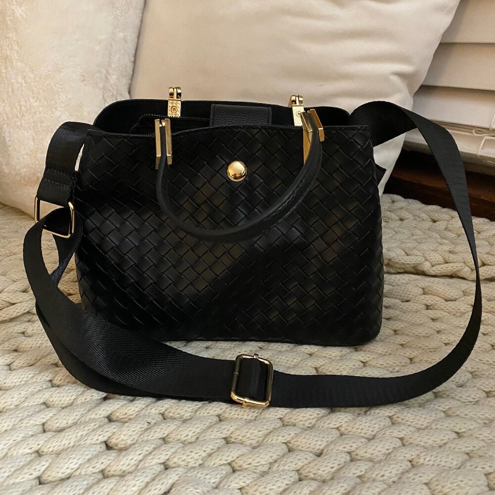 Black Woven faux Leather Handbag